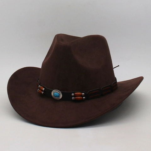 Western Cowboy Hat Vintage Suede Felt Wide Brim Ethnic Turquoise Wood Bead Decorative Band For Men Women
