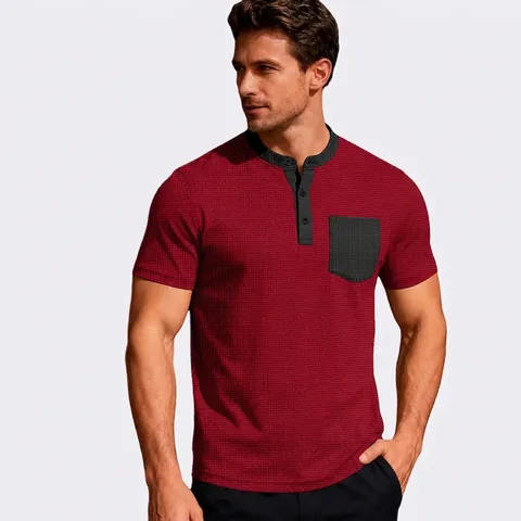 Ανδρική Μπλούζα Henley Με Πλέξη Waffle Πολυεστέρας Μακρυμάνικο Color Block Casual Tee Τσέπη Στο Στήθος Vintage Στυλ