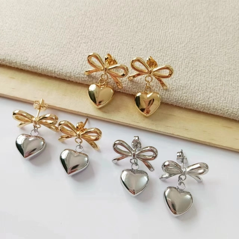 Bow Knot Heart Pendant Earrings Stainless Steel Gold Plated French Elegant Retro Style Jewelry For Women