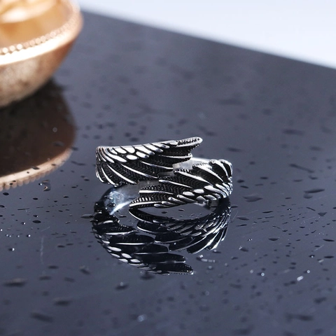 Retro Engel Flügel Feder Offener Ring Für Männer Vintage Kupfer Metall Verstellbar Punk Hip Hop Finger Schmuck Geschenk