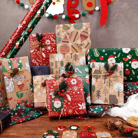 Christmas Gift Wrapping Paper Kraft Retro Santa Claus Snowflake Reindeer DIY Holiday Packaging With Twine And Tags