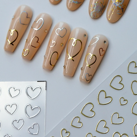 3D Embossed Nail Art Stickers Metallic Foil Heart European Scroll Pattern Self Adhesive Decals For Manicure DIY