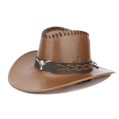 Western Cowboy Hat PU Leather Vintage Wide Brim Metal Bull Head Decor Adjustable Strap For Men Women Retro Style