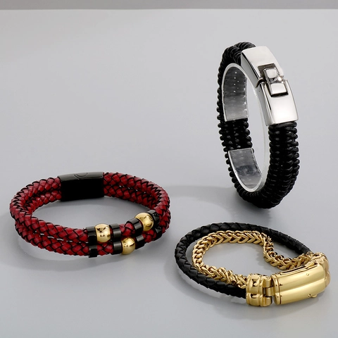 Herren Geflochtenes Lederarmband Mit Edelstahl Magnetverschluss Doppellagig Punk Stil Modeschmuck Für Männer