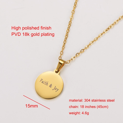 Collar Con Colgante Redondo Grabado Faith And Joy Acero Inoxidable 304 Pulido Brillante Chapado En Oro Regalo