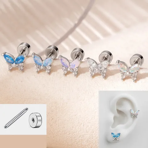 Butterfly Stud Earrings Titanium Steel Zircon Synthetic Opal Cartilage Piercing Jewelry Screw Flat Back For Women