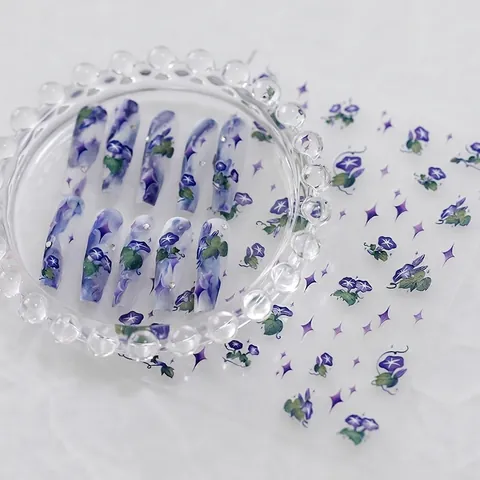 5D Embossed Nail Art Stickers Morning Glory Flower Purple Star Pattern Self Adhesive 3D Relief Manicure Decoration