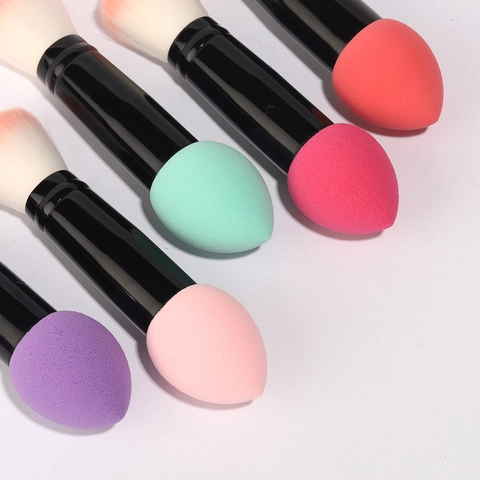 Dual Ended Makeup Brush With Synthetic Fiber Bristles And Non Latex Sponge For Powder Blush Foundation Portable Beauty Tool