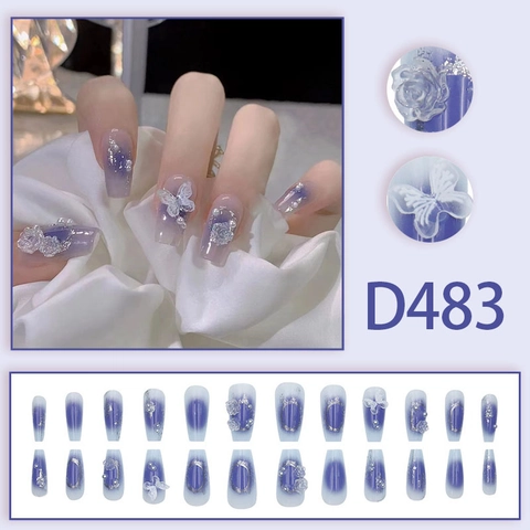 Uñas Postizas Press On Degradado Azul Violeta Mariposa 3D Rosa Plata Perla Artificial Decoración Ballerina Uñas Artificiales Para Mujeres