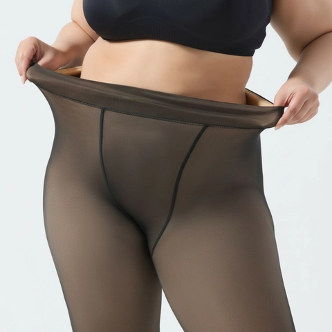 Plus Size Fleece Lined Tights Fake Translucent High Waist Tummy Control Thermal Pantyhose Nylon Elastic Winter For Women