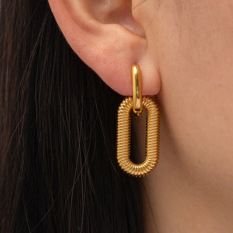 U Shape Hoop Earrings 18K Gold Plated Stainless Steel Textured Geometric Twisted Oval Link Drop Earrings For Women