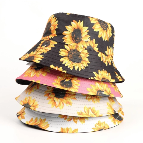 Chapeau Bob Réversible Imprimé Tournesol Coton Polyester Protection Solaire Été Extérieur Respirant
