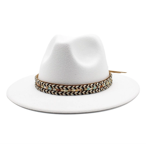 Retro Fedora Hat Cotton Polyester Blend Ethnic Woven Band Wide Brim Solid Color Jazz Hat For Men Women
