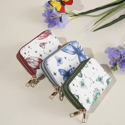 Porte-monnaie Femme à Double Fermeture Éclair Cuir PU Porte-cartes Accordéon Petit Portefeuille Imprimé Papillon Multi Fentes
