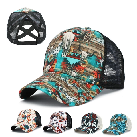 Damen Pferdeschwanz Baseballkappe Mesh Trucker Hat Western Ethno Print Atmungsaktiver Sonnenschutz Outdoor Casual Kopfbedeckung