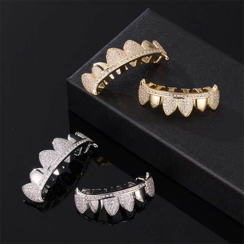 Hip Hop Grillz Ensemble Haut Et Bas Plaquage Or Argent Cuivre Strass Iced Out Décoration Dentaire Pour Fête Bijoux