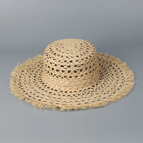 Natural Raffia Straw Boater Hat Hollow Out Wide Brim Frayed Edge Breathable Flat Top Summer Beach Sun Hat For Women