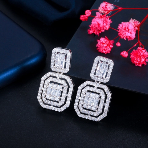 Orecchini Pendenti Ottagonali Geometrici In Rame Micro Pavè Zirconia Con Perno In Argento Gioielli Di Lusso Da Donna