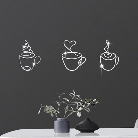 Autocollants Muraux 3D En Miroir Acrylique Tasse À Café Auto-Adhésif Imperméable Décalcomanies Pour Cuisine Restaurant