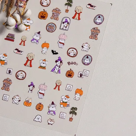 Halloween Nail Art Stickers Cute Cartoon Dogs Pumpkin Ghost Witch Hat Manicure Decoration Thin Adhesive Decals