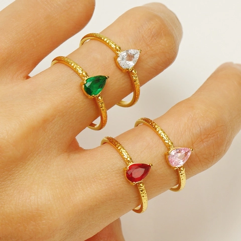 Gehamerde Roestvrijstalen Open Ring 18K Verguld Waterdruppel Zirkoon Verstelbare Vinger Sieraden Voor Dames Elegant
