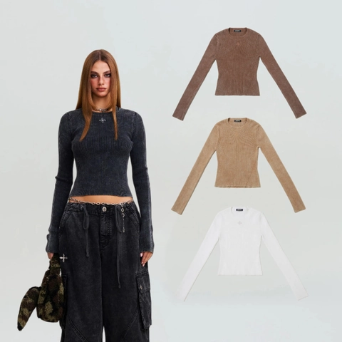 Pull En Maille Pour Femmes Côtelé À Manches Longues Col Rond Coton Rétro Streetwear