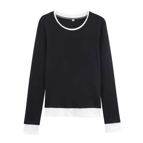 Women Long Sleeve T-Shirt Polyester Double Layer Contrast Color Fake Two Piece Crew Neck Loose Casual Streetwear Top