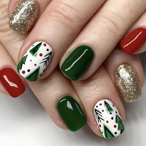 Christmas Press On Nails Red Green Gold Glitter Christmas Tree Pattern Square Shape Full Cover Holiday Winter Manicure For Women