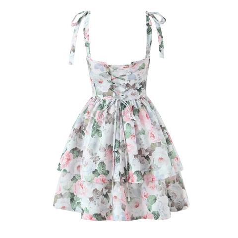 Blumenmuster Minikleid Polyester Baumwolle Herz Ausschnitt Mehrlagiger Stufenrock Rückenloses Schnürdesign Schleifen Träger Lolita