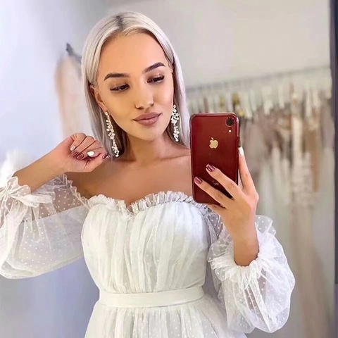 Robe De Mariée Épaules Dénudées Tulle À Pois Manches Bouffantes Longue Ivoire Blanc Robe De Bal