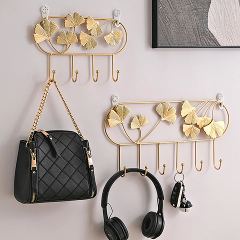 Ginkgo Leaf Wall Mounted Metal Hooks Golden Iron Art Entryway Key Storage Rack Decorative Coat Hanger Luxury Home Organizer