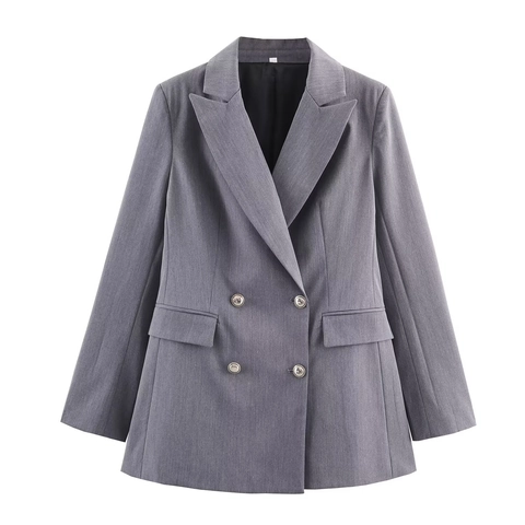 Dames Blazer Met Dubbele Rij Knopen En Wijde Broek Met Hoge Taille Effen Grijs Polyester Twill Kantoor Casual Streetwear