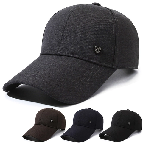 Men Baseball Cap Cotton Twill Extended Brim Sun Protection Outdoor Fishing Adjustable Dad Hat Metal Shield Logo Solid Color