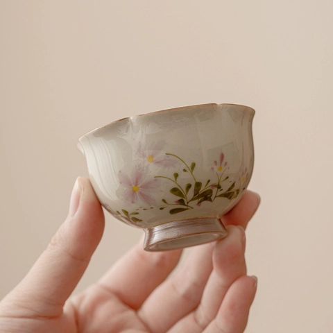 Hand Painted Ceramic Teacup Bud Shape Ash Glazed Floral Patterns Kung Fu Tea Tasting Cup Vintage Style