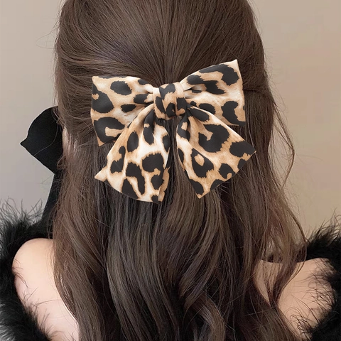Pinza Para El Cabello Con Lazo Y Estampado De Leopardo Pasador De Resorte De Tela De Satén Grande Para Mujer