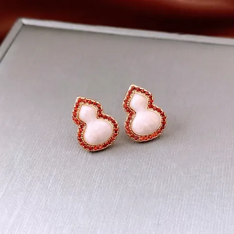 Pendientes De Botón Wu Lou Gourd Chapados En Oro De 18K Cobre Con Poste De Plata Rhinestone Rojo Estilo Chino Elegante Mujer