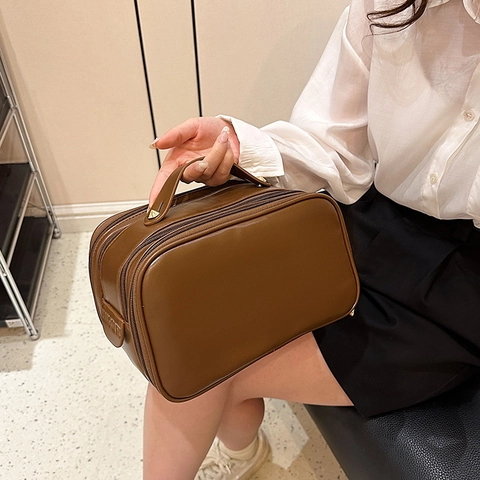 PU Leather Makeup Bag Large Capacity Travel Toiletry Organizer With Handle Double Zipper Solid Color Cosmetic Case For Women