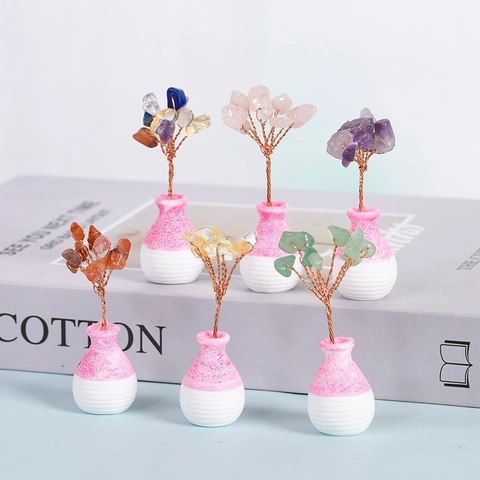 Mini Crystal Money Tree Desktop Ornament Natural Stone Copper Wire Ceramic Base Bonsai For Office Home Decor Gift