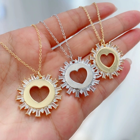 Heart Pendant Necklace Copper 18K Gold Plated Cubic Zirconia Sunburst Hollow Design Elegant Jewelry For Women