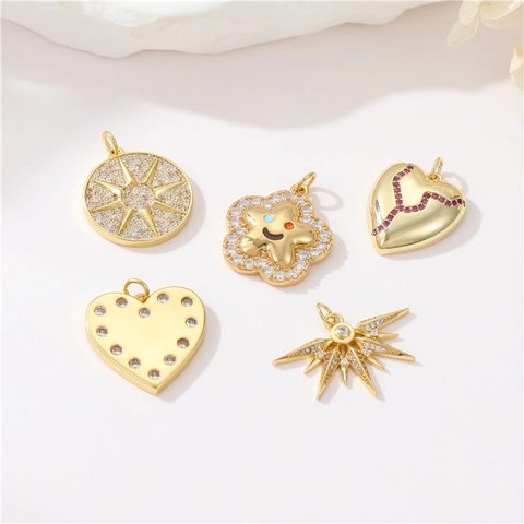 Pendentif En Cuivre Charme Plaqué Or Zircone Coeur Étoile Soleil Visage Souriant Pour Création De Bijoux DIY Élégant Chic