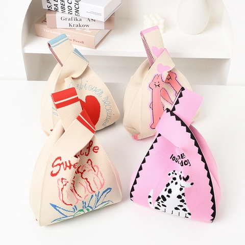 Knitted Handbag Women Polyester Woven Tote Cartoon Rabbit Heart Pattern Soft Casual Wrist Pouch Versatile Fashion Accessory