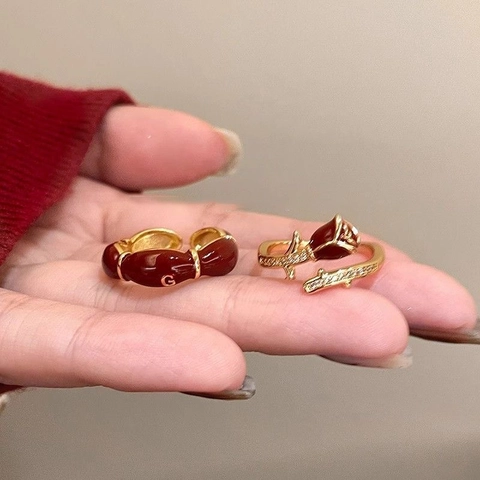 Rose Flower Adjustable Ring And Red Enamel Oval Finger Ring Vintage Gold Plated Copper Jewelry Women