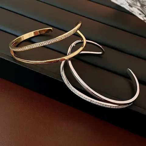 Doppelreihiger Offener Armreif Kupfer Echtgold Vergoldet Zirkonia Gepaart Minimalistischer Geometrischer Modeschmuck Damen