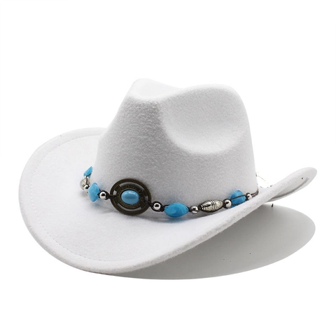 Western Cowboy Hat Wool Felt Ethnic Band Turquoise Beads Wide Curved Brim Vintage Jazz Fedora For Men Women