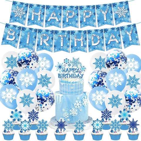 Snowflake Birthday Party Decoration Blue White Cardboard Latex Balloon Banner Cake Topper Winter Wonderland