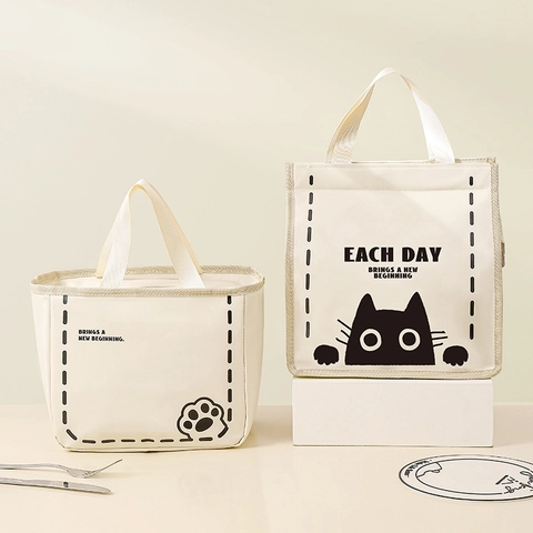 Geïsoleerde Lunchtas PU Leer Waterdichte Thermische Tas Schattige Cartoon Kat Print Picknick Handtas Draagbare Koeltas