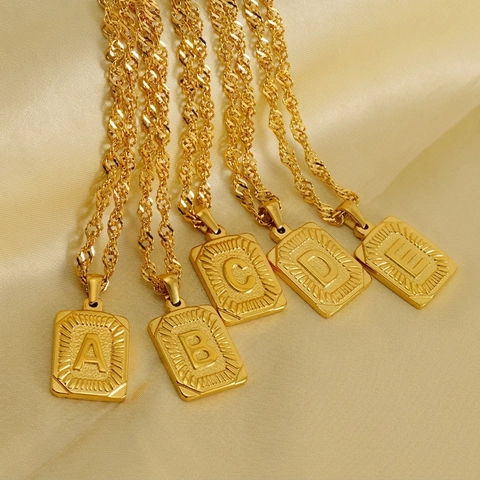Collar Con Colgante De Inicial De Acero Inoxidable Chapado En Oro De 18K Retro Letra Cuadrada Alfabeto Cadena De Olas Mujeres Hombres