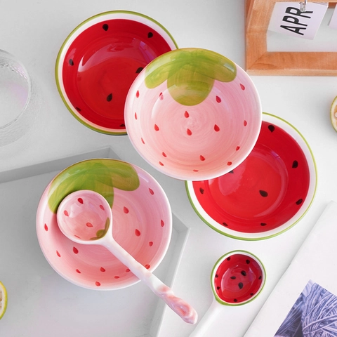 Cute Fruit Shaped Ceramic Bowl And Spoon Strawberry Watermelon Design Hand Painted Kids Tableware Dessert Salad Soup Home