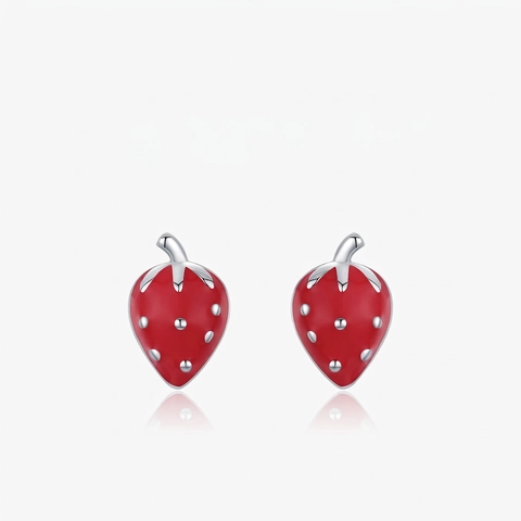 Strawberry Stud Earrings With 925 Sterling Silver Earring Post Red Enamel Sweet Fruit Jewelry For Women Girls