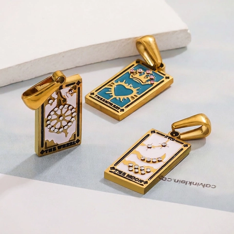 Tarot Card Drop Earrings Stainless Steel Enamel Rhinestone Rectangular Vintage Retro Style Jewelry For Women
